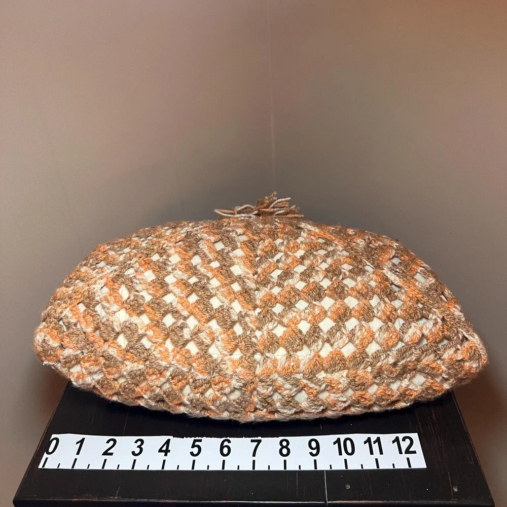 Handmade Crochet Hobo Bag Lined Boho Shoulder Purse Peach Tan Cream Wood Buttons